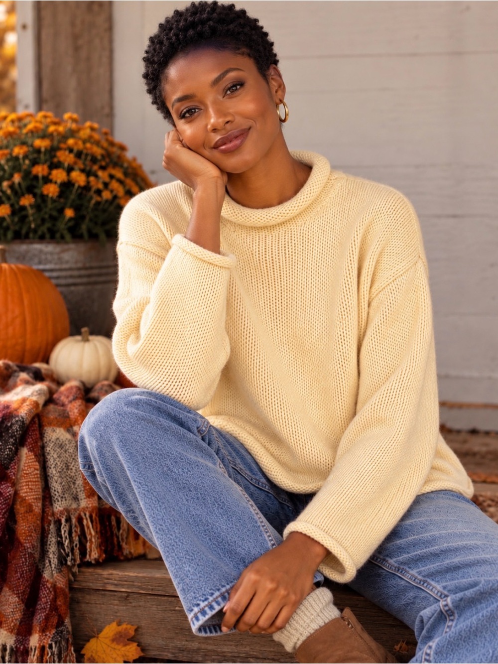 Eddie Bauer Cozy Soft Pastel Yellow Classic Rib Knit Sweater w Rolled Edges - L